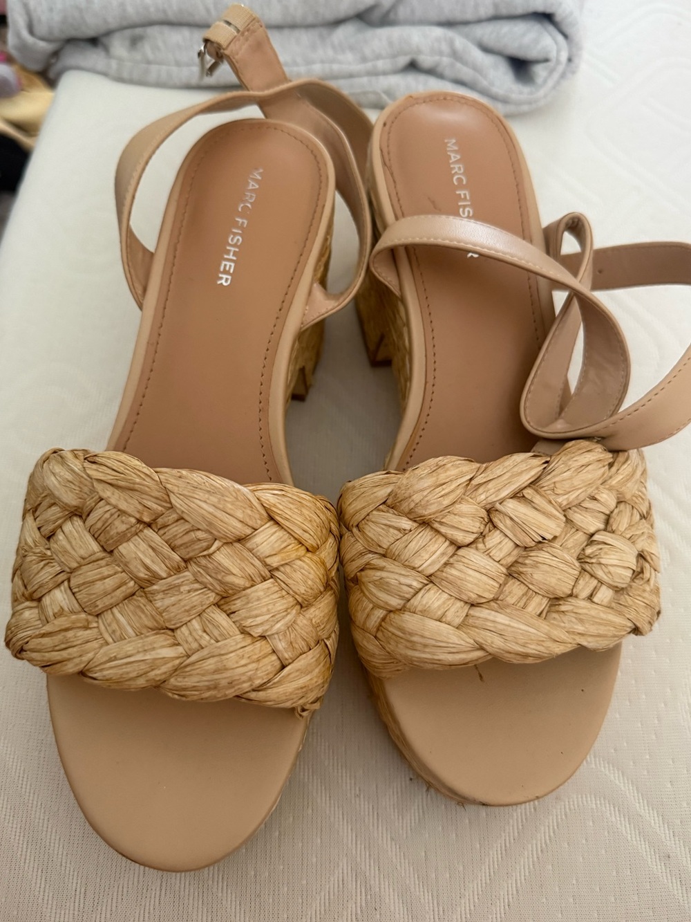 Marc Fisher Tan Braided Raffia Block Heel Sandals